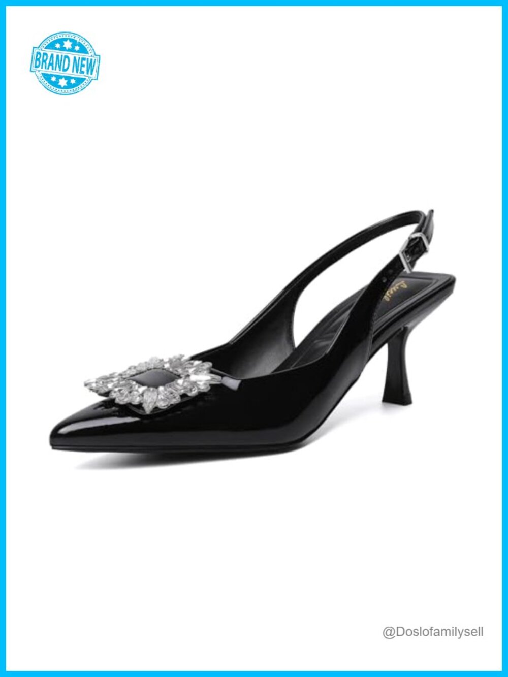 Slingback Kitten Heels Rhinestone Pointed Toe Faux Leather Pumps
